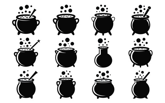 Black cauldron icons with bubbles and spoons witchcraft symbols magic potion illustrations