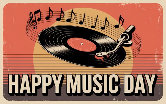 vintage retro music day celebration with vinyl record and musical notes on rustic wooden background