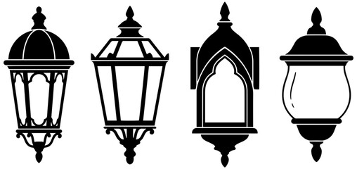 A collection of antique-style street lamps and decorative outdoor lanterns featuring various classical designs and silhouettes for historical aesthetics. © SaiKir
