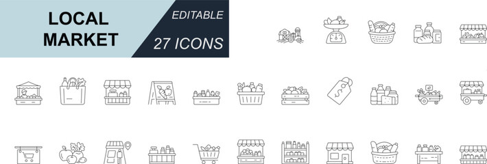 Local market minimal line icon set. Featuring local market, grocery, fresh produce, retail shops, carts and stalls. Perfect for UI, apps, ecommerce, delivery and organic food concepts. Editable vector © Md