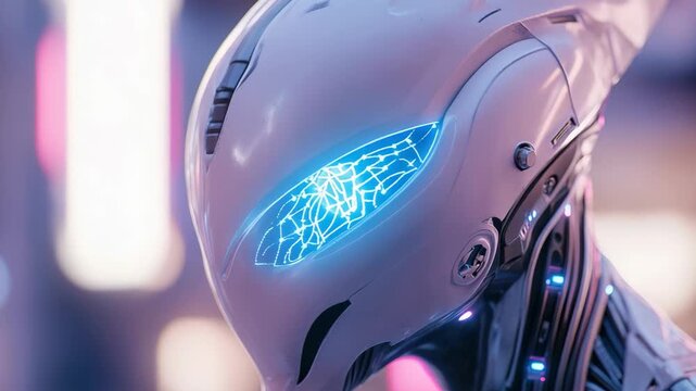 A robot head is shown close up while it lights up and scans its surroundings in a busy city at night. The lights and movements create a striking visual