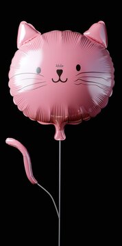 Cute pink cat foil balloon with a tail on a stick, glowing under soft studio lighting against a solid black background, perfect for minimalist party decor and festive celebration graphics.