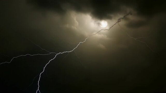 A dramatic night sky filled with powerful lightning bolts and dark clouds.