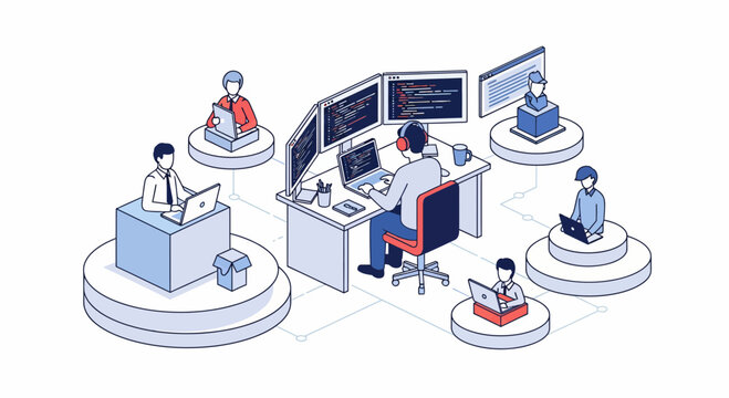Pro team of web dev guys work on code for app in flat blue tech site