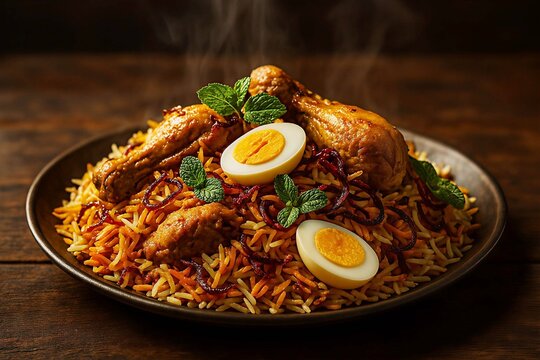 Aromatic Chicken Biryani with Boiled Egg and Fried Onions.
