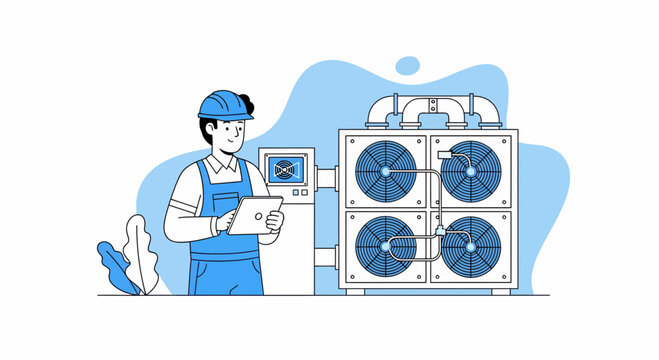 A professional technician using a digital tablet to inspect industrial cooling fans for maintenance in factory