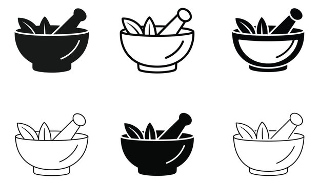 stylized herbal icon set featuring mortar and pestle with leaves for natural remedies and wellness, organic healing concept collection, natural medicine symbols for spa, apothecary branding, health ca