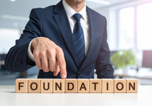 Foundation - Geschäftsmann zeigt auf das Wort "Foundation"