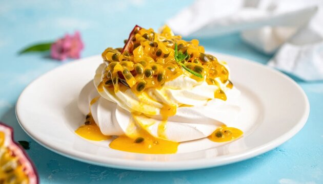 pavlova meringue dessert topped with fresh passion fruit pulp on white plate, summer sweet treat, food photography, gourmet pastry
