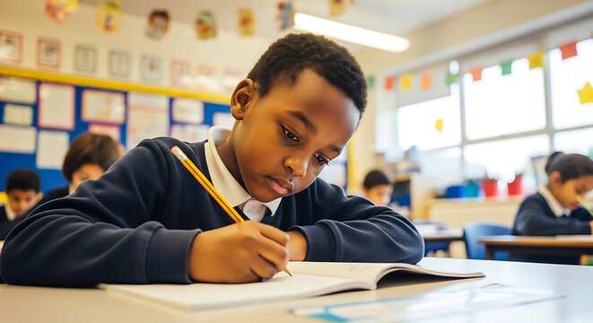 Focused young schoolboy writing in notebook during elementary classroom lesson