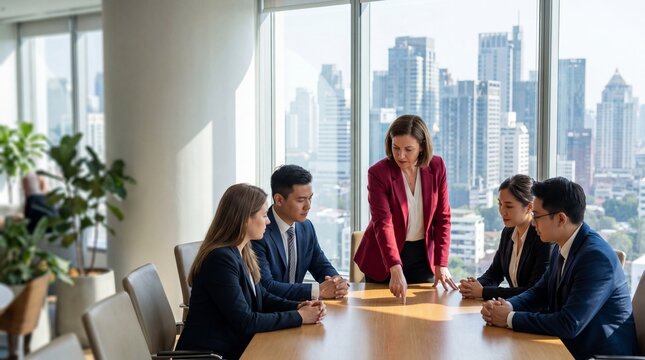 Confident female executive leading diverse business meeting in modern boardroom with city skyline view, focused team listening and collaborating on strategy with professional energy