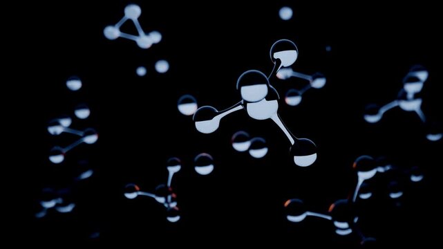 abstract 3d background wallpaper. Small water molecules float in a dark environment, displaying their structure through reflections and light.	
