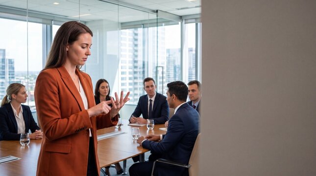 Woman in rust blazer counting points on fingers while leading corporate meeting in glass boardroom with attentive business team, confident focused presentation and professional teamwork