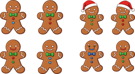 Fototapeta premium Gingerbread man cookie vector illustration set featuring cute Christmas characters with icing decorations bow ties and Santa hats in festive flat style