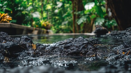 Fototapeta premium Sunlit Wet Volcanic Rocks and Lush Greenery