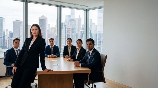 Confident business team in formal suits gathered around conference table in modern office with city skyline view, professional collaboration and leadership mood
