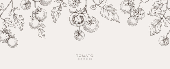 Background with tomatoes brunch and leaves. Detailed hand drawn ink illustration for template layout design, brochure or cover for food card © merfin