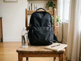 Fototapeta premium Black backpack on chair with notebook and water bottle