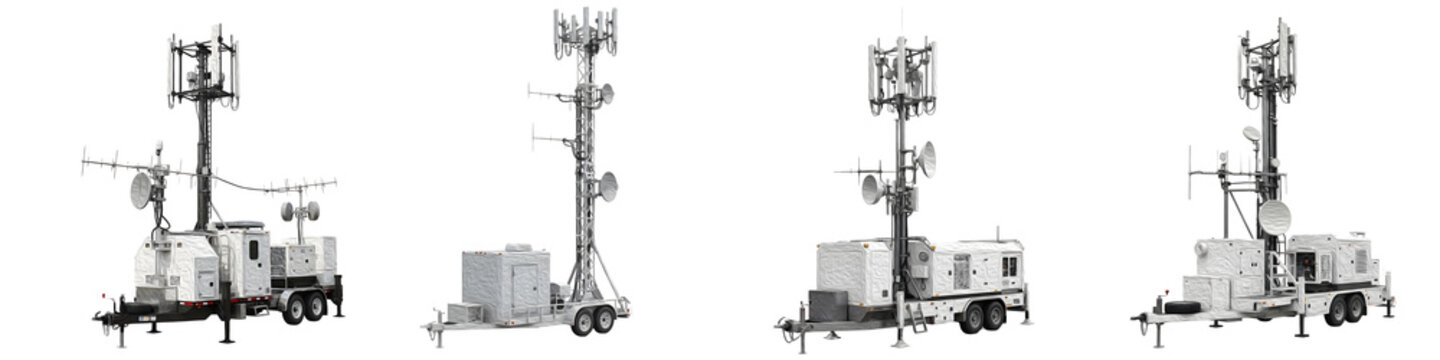 Four Mobile Telecommunication Towers on Trailers Isolated on White Background, Portable Network Infrastructure for Emergency Connectivity and Events, Premium Stock Photo