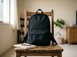 Fototapeta premium Black backpack on wooden chair indoors