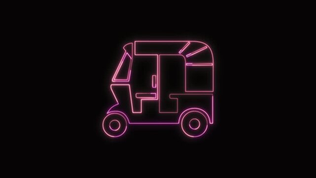  Auto Rickshaw Icon Neon Seamless Loop 4K with Black Background Animated Promotional Typography for Video Editing