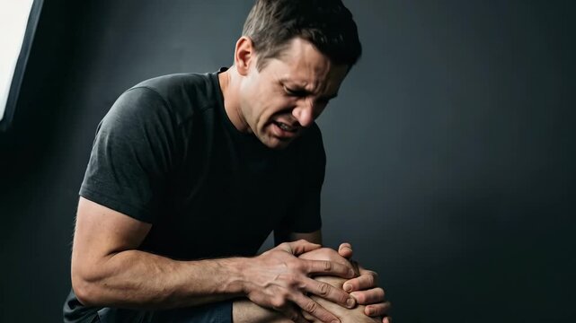 A person holding a painful knee against a dark background, clear joint and tendon stress emphasis, moody side lighting, clinical discomfort atmosphere, ultra-realistic, no logos.