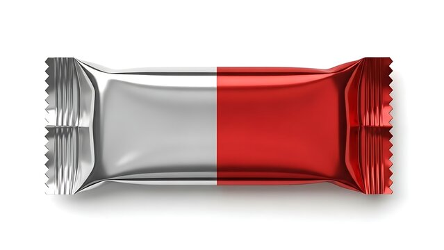 A red and silver foil wrapped candy bar on a white background