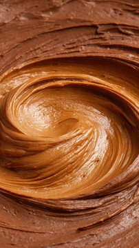 Creamy swirl of rich chocolate and caramel spread heavy texture glossy surface close up dessert ingredient sweet indulgent delicious smooth brown color