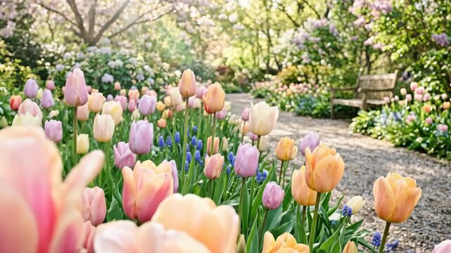 Pastel tulips in spring bloom, soft color gradients and dewy petals in a bright airy garden scene, tender seasonal atmosphere, ultra-realistic, no logos.