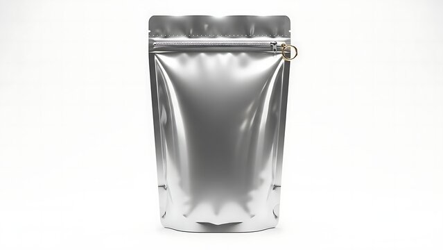 A shiny silver resealable pouch on a white background