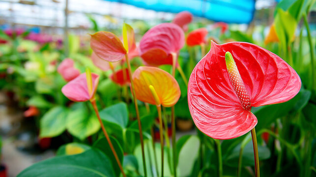 Red and pink anthurium flowers blooming in a commercial greenhouse nursery setting with anthurium
