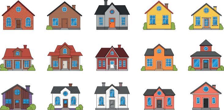 Colorful house collection with various residential homes, suburban buildings and property facades vector illustration set