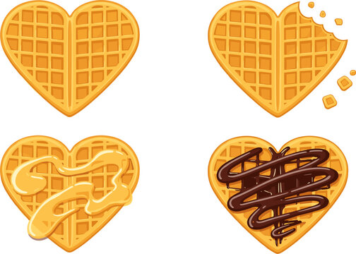 Heart shaped waffle vector illustration set featuring plain bitten caramel glazed and chocolate topped desserts in sweet flat cartoon style isolated background