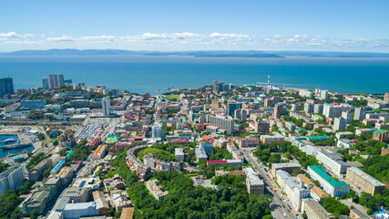 Fototapeta premium Vladivostok city panorama overlooking Golden Horn Bay and Amur Bay on a clear sunny day