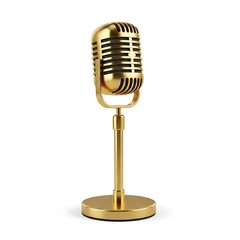 Fototapeta premium Vintage gold microphone on a stand isolated on white background