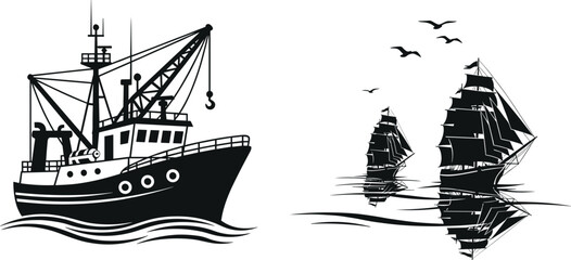 Fishing boat and sailing ship vector set with maritime silhouettes, ocean transport icons, nautical vessels, and vintage sea illustration collection © MdNazmul