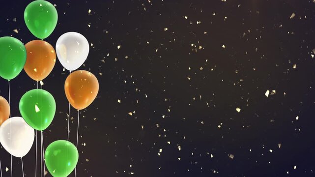 Silver and gold confetti falling from a black background, along with balloons in three colors: green, orange, and white. (These colors are based on the colors of the Dutch, Irish, and Indian flags.) 