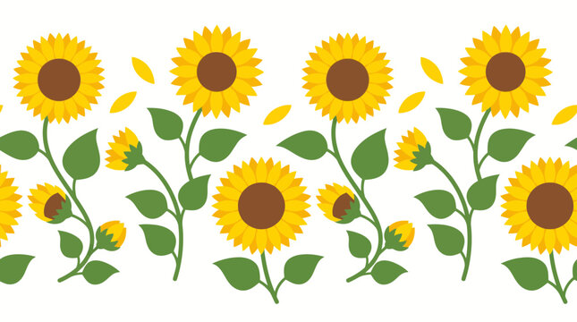 Sunflower border pattern with bright yellow blooms and green leaves for decorative design, wallpaper, fabric, and botanical artwork