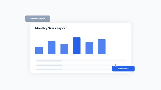 Monthly sales report dashboard interface featuring blue bar charts and data export functionality