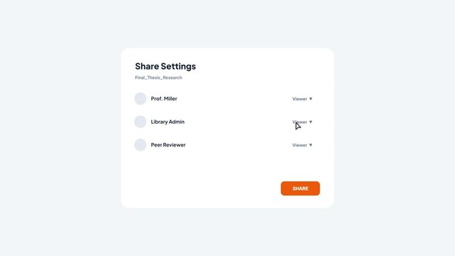 Educational platform share settings interface for academic research collaboration with clean light mode design