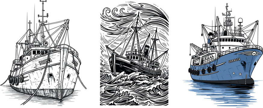 Fishing trawler ship vector set with stormy sea waves, detailed maritime vessels, nautical transport illustrations, and black and white engraving style collection
