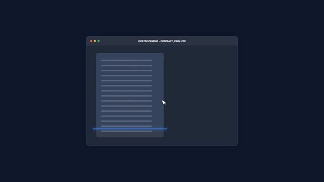 Legal contract document scanner UI showing automated clause recognition and signature verification processing