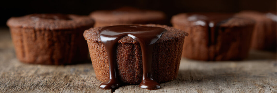 Chocolate cupcake melted chocolate overfilled baking mold dessert rustic wooden table indulgent rich sweet homemade Chocolate cupcake with melted chocolate overflowing from overfilled baking mold