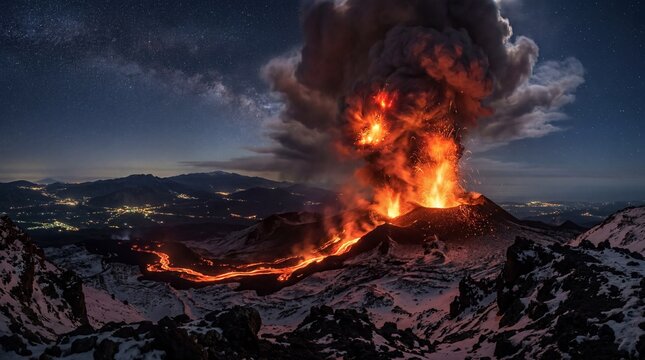 Powerful volcanic eruption with glowing lava flowing over snowy mountains at night under a starry Milky Way sky