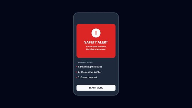 Mobile phone safety alert notification showing critical product defect and required steps for device recall