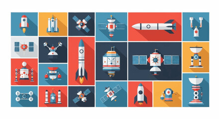 Collection of flat design icons representing various space exploration and technology elements. © Aris