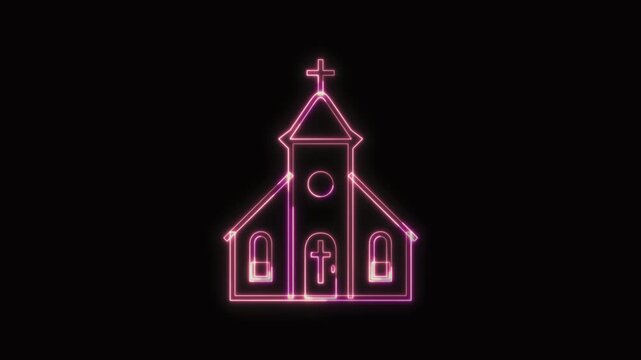  Church Icon Neon Seamless Loop 4K with Black Background Animated Promotional Typography for Video Editing