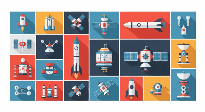 Collection of flat design icons representing various space exploration and technology elements.