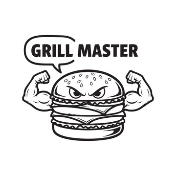 Grill master burger a cartoon illustration of a muscular angry hamburger