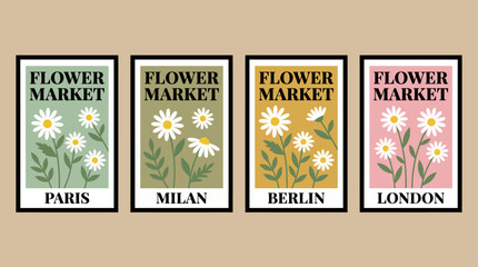 Naklejka premium Vintage Flower Market Poster Set featuring daisies and city names Paris, Milan, Berlin, London for chic wall art decor